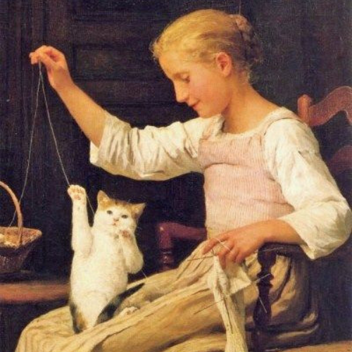 Cat painting: Young girl with knitting and cat, by Albert Anker